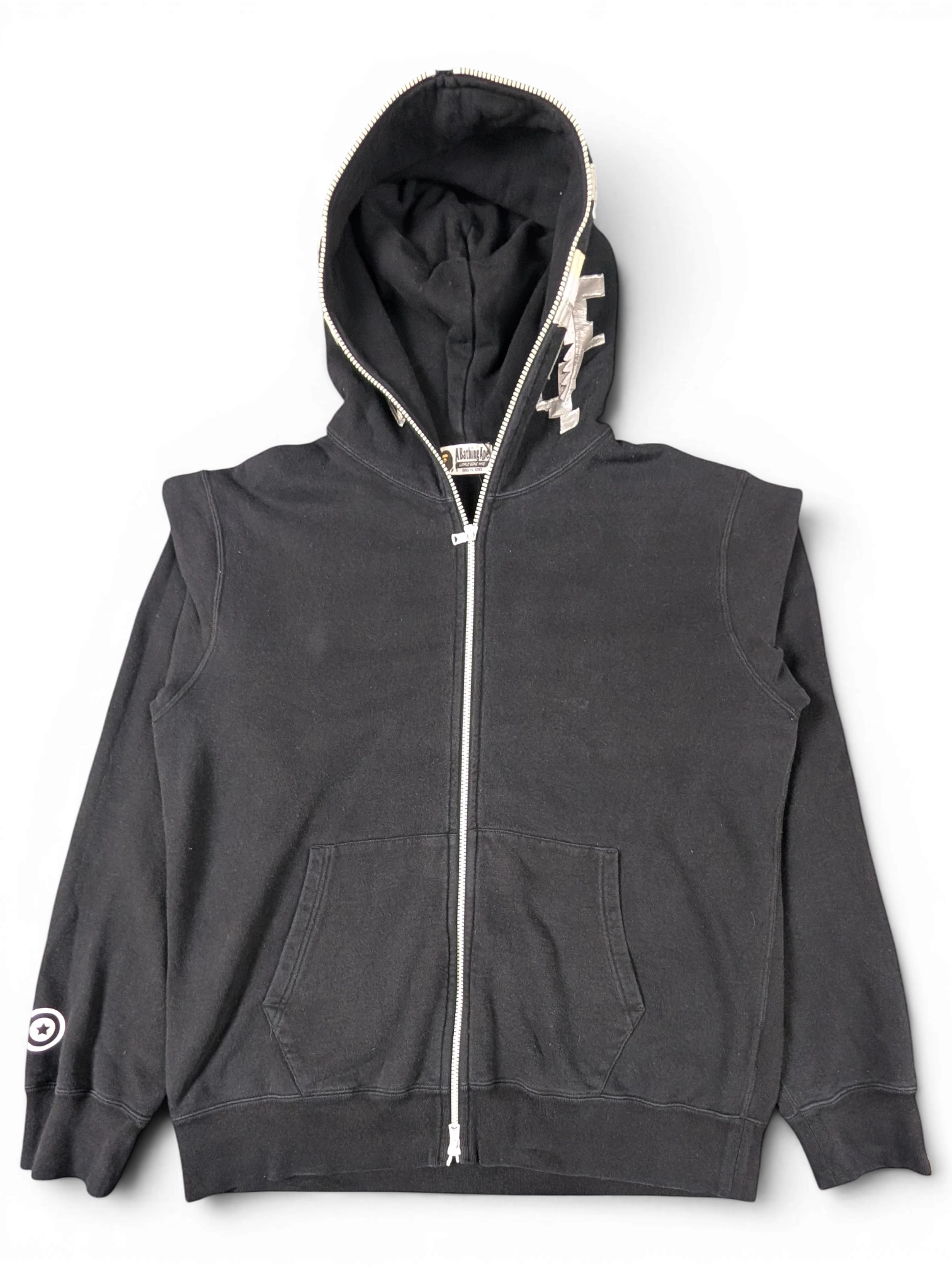 JAKE & IPI black Bape shark zip-up hoodie with signature hood graphic and sleeve logo detail
