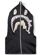 JAKE & IPI black Bape Shark hoodie with iconic metallic silver and gold teeth graphic on the full-zip hood