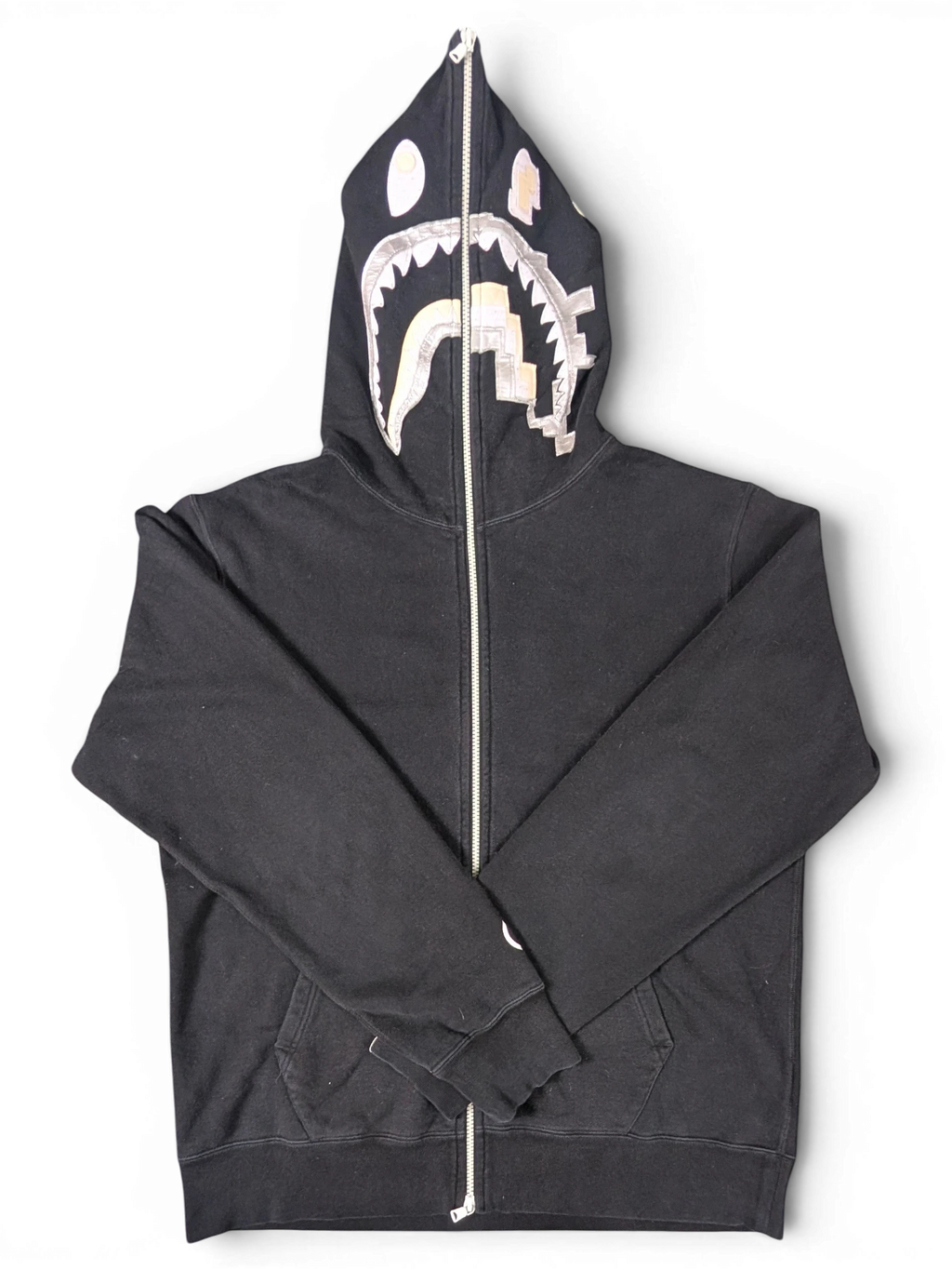 JAKE & IPI black Bape Shark hoodie with full-zip closure and iconic metallic shark graphic on the hood