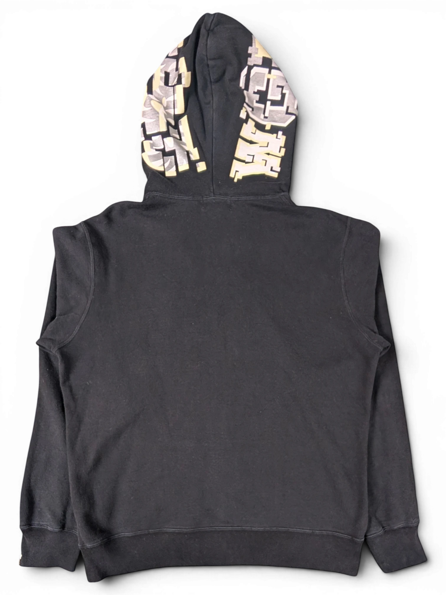 JAKE & IPI black Bape Shark hoodie featuring a graphic print on the hood, back view.