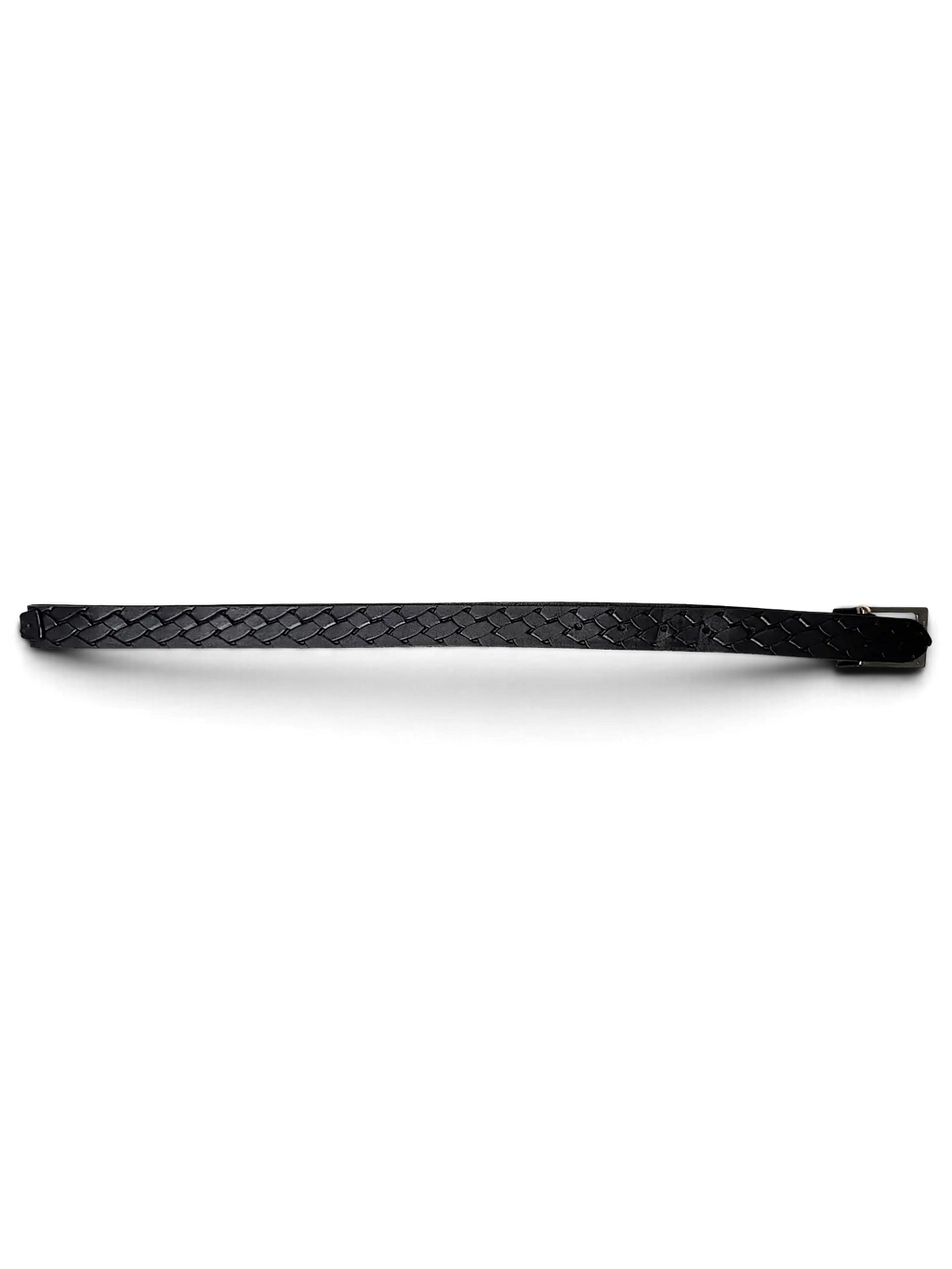 JAKE & IPI black leather belt with a woven braided texture and a metal buckle, shown with a brand tag.