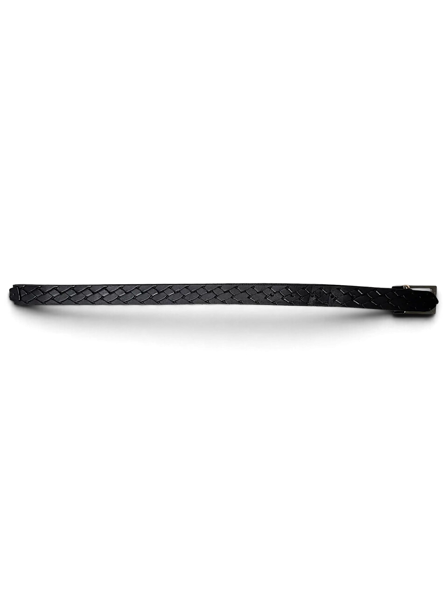 JAKE & IPI black leather belt with a woven braided texture and a metal buckle, shown with a brand tag.