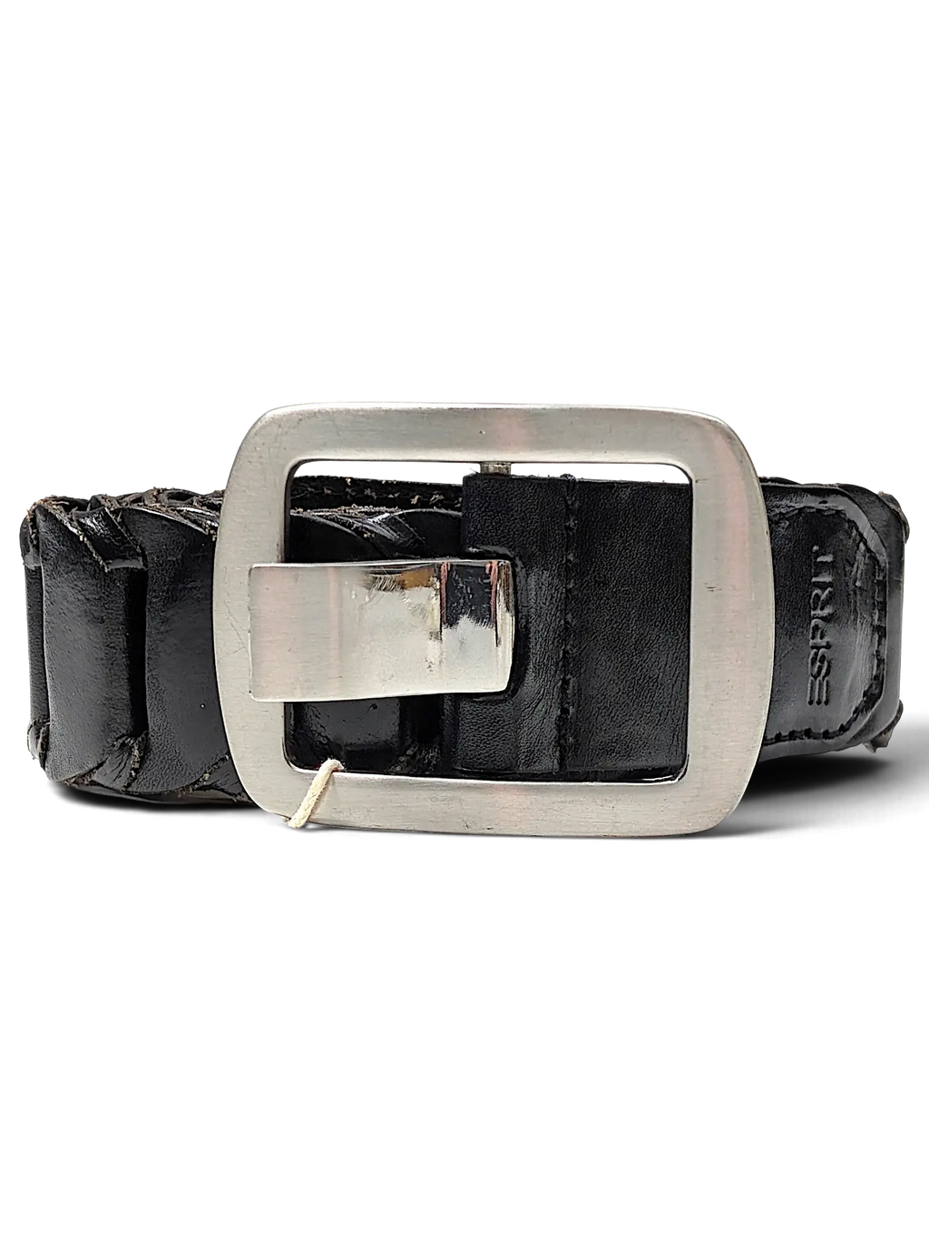 JAKE & IPI black braided leather belt featuring a large rectangular silver metal buckle and embossed Esprit logo