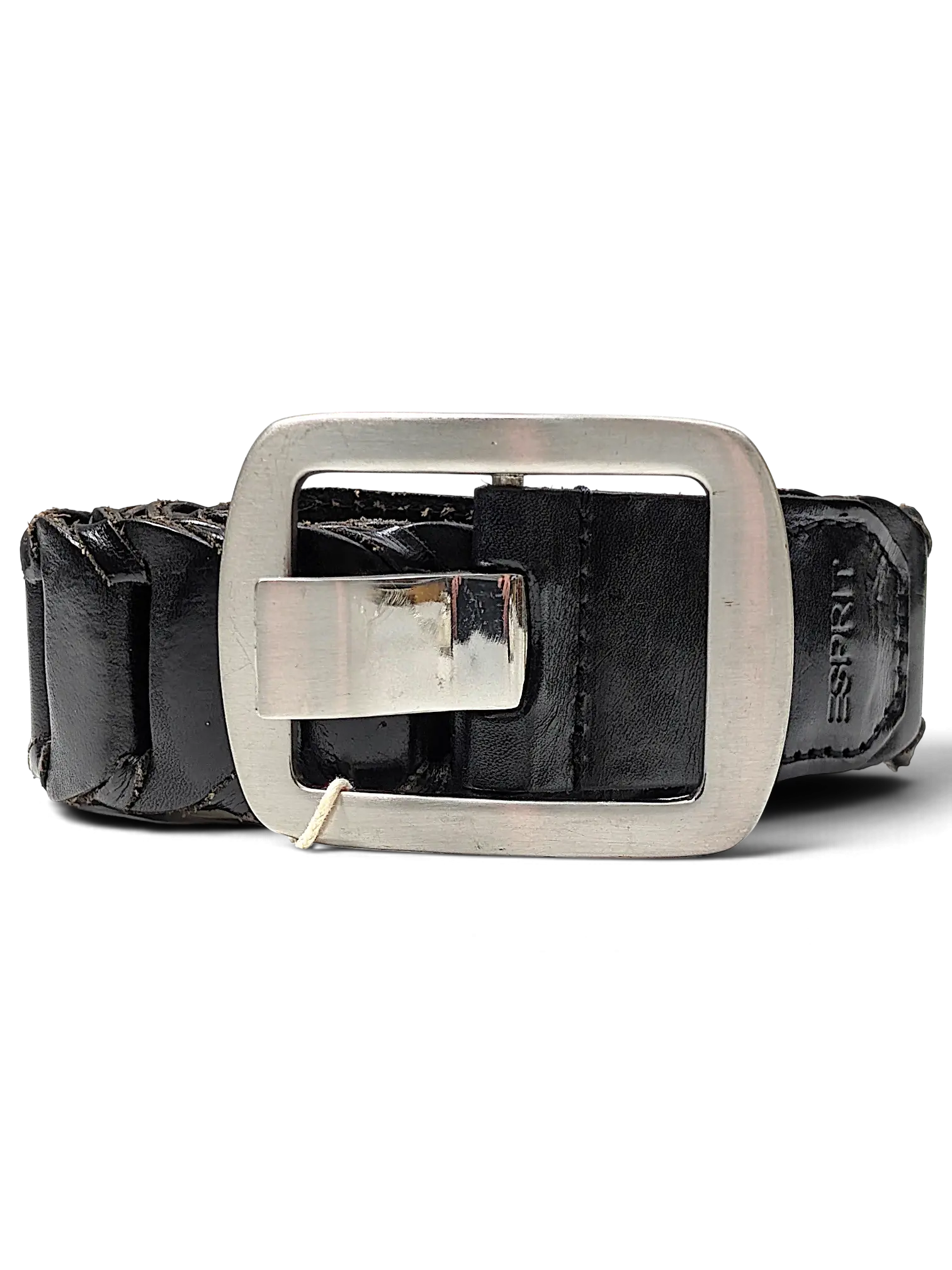 JAKE & IPI black braided leather belt featuring a large rectangular silver metal buckle and embossed Esprit logo