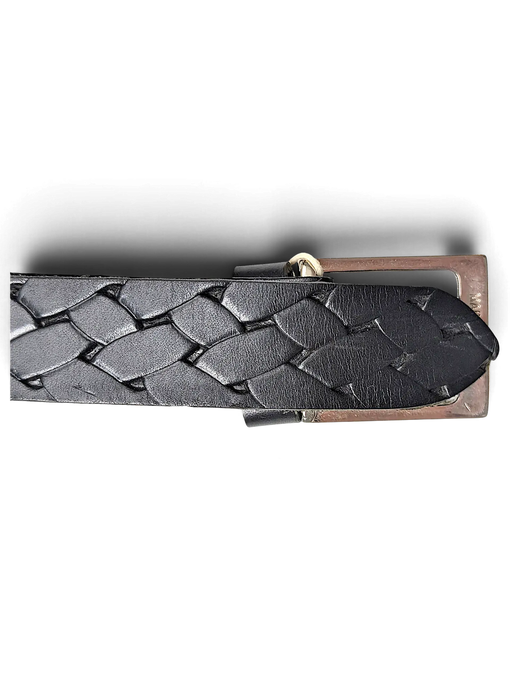 JAKE & IPI black leather belt featuring a detailed braided design and a silver-tone metal buckle