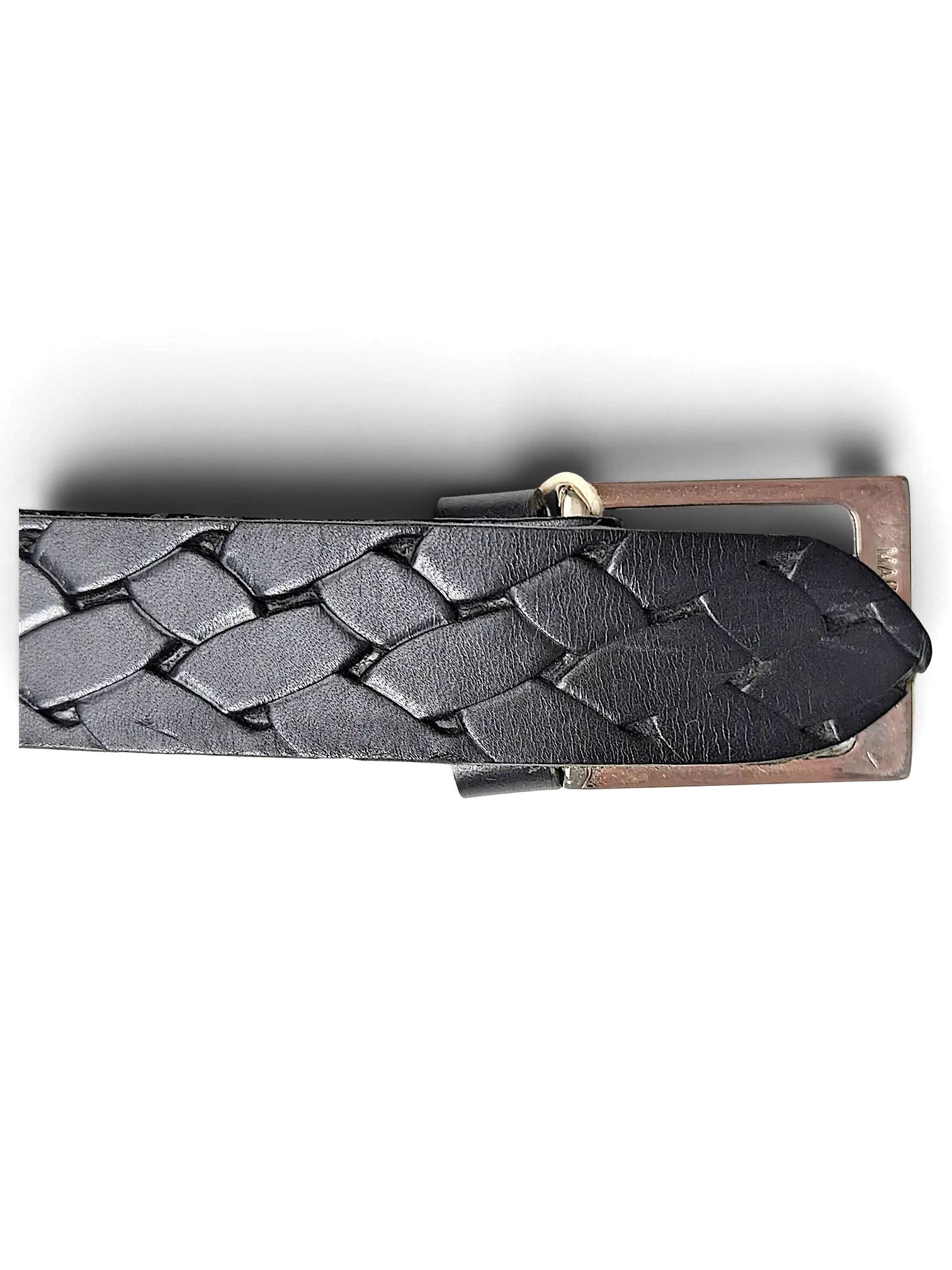 JAKE & IPI black leather belt featuring a detailed braided design and a silver-tone metal buckle