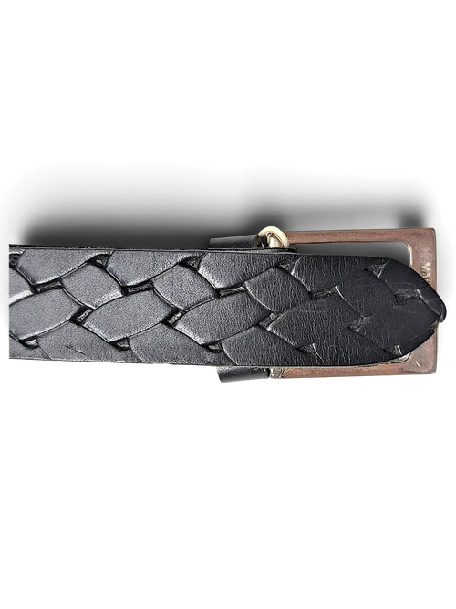 JAKE & IPI black leather belt featuring a detailed braided design and a silver-tone metal buckle