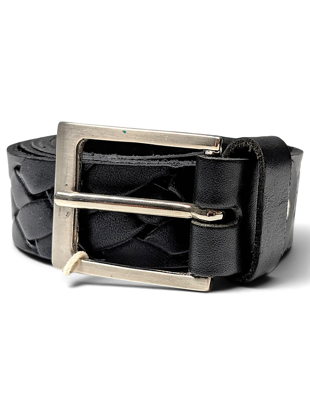 JAKE & IPI black leather belt featuring a woven braided design and a polished silver rectangular buckle.