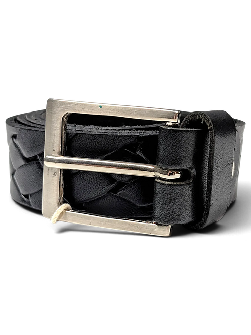 JAKE & IPI black leather belt featuring a woven braided design and a polished silver rectangular buckle.