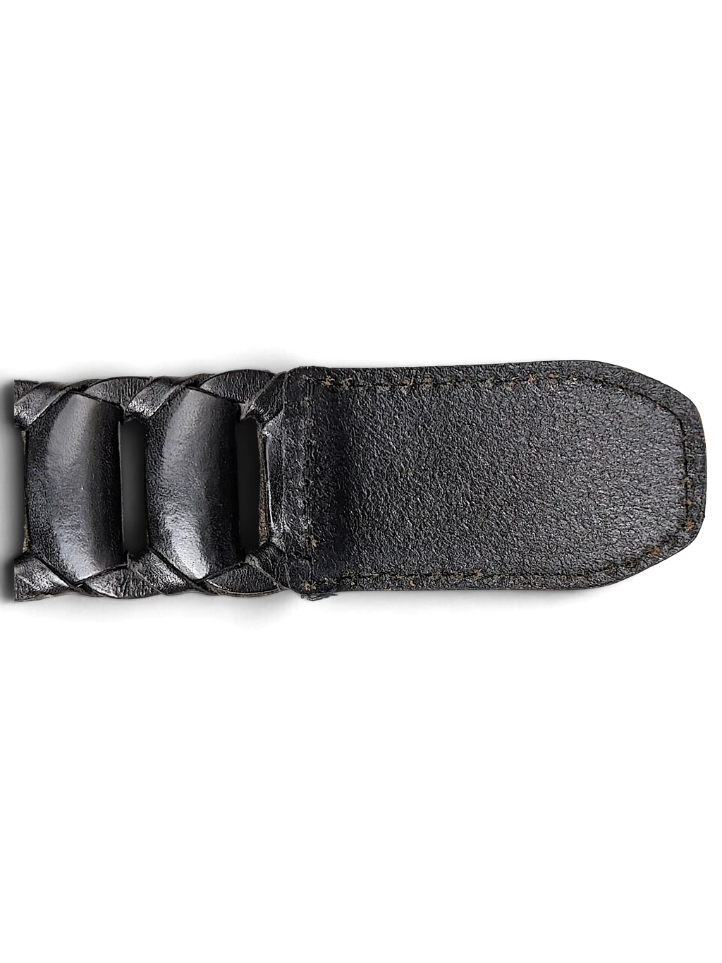Close-up of the JAKE & IPI Esprit black braided leather belt tip with detailed stitching.