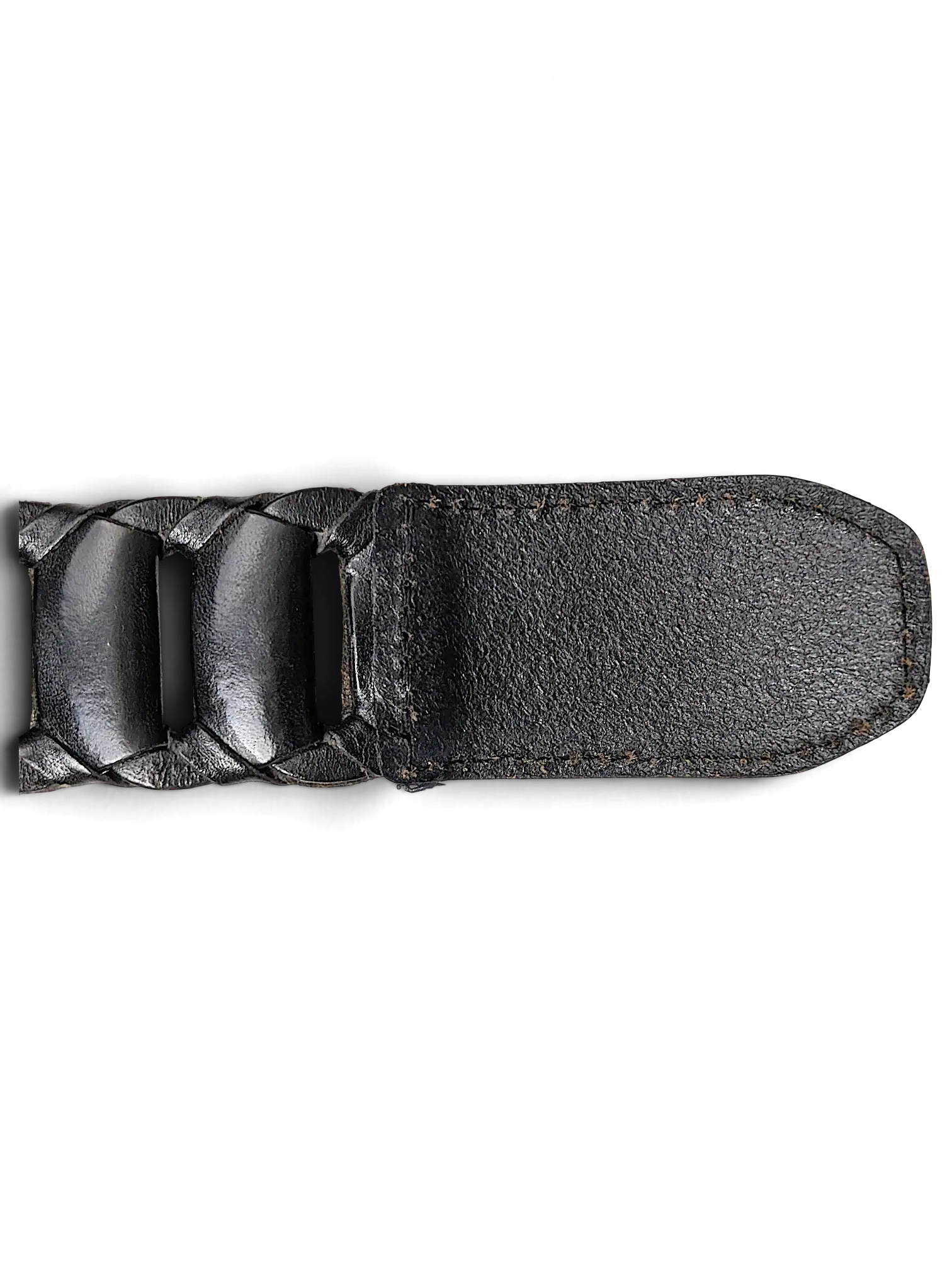 Close-up of the JAKE & IPI Esprit black braided leather belt tip with detailed stitching.
