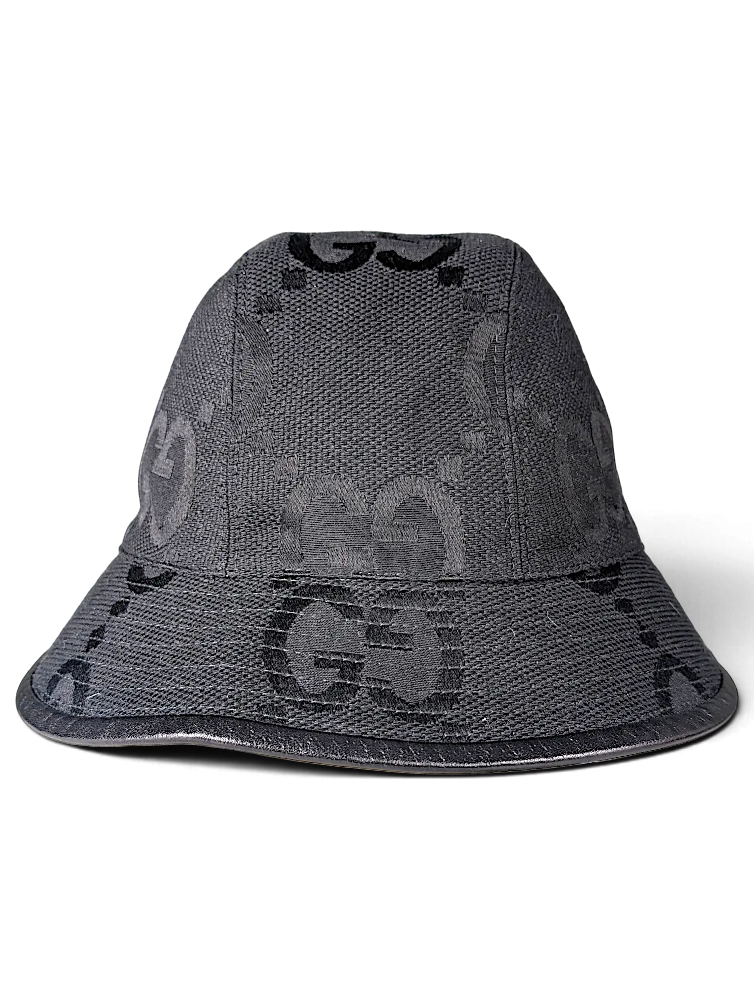 JAKE & IPI black canvas bucket hat with iconic GG logo pattern and leather trim detail