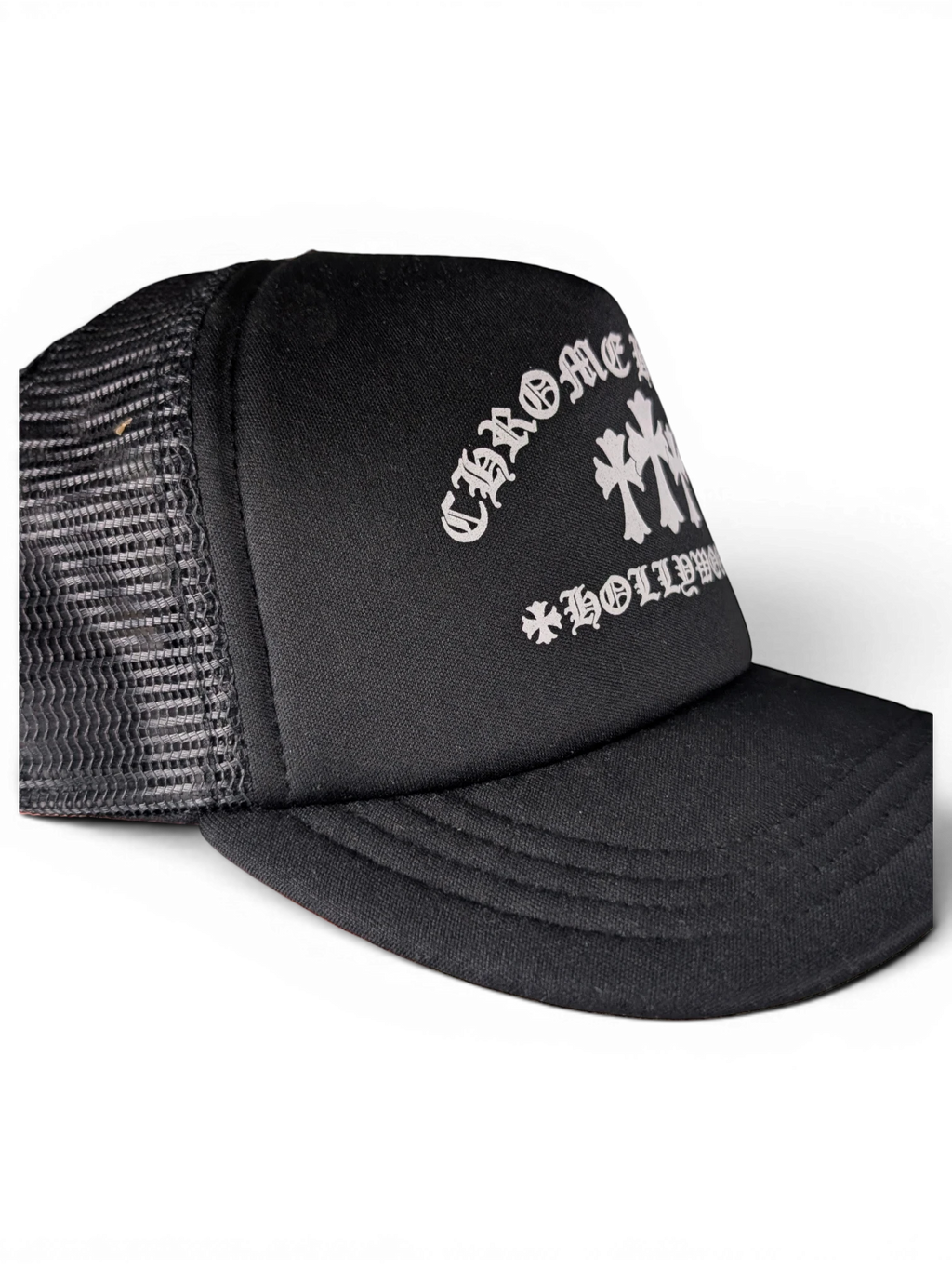 JAKE & IPI black Chrome Hearts trucker hat with white Hollywood cross embroidery and mesh back panel