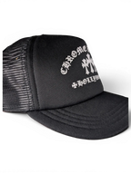 JAKE & IPI black Chrome Hearts trucker hat with white Hollywood cross embroidery and mesh back panel