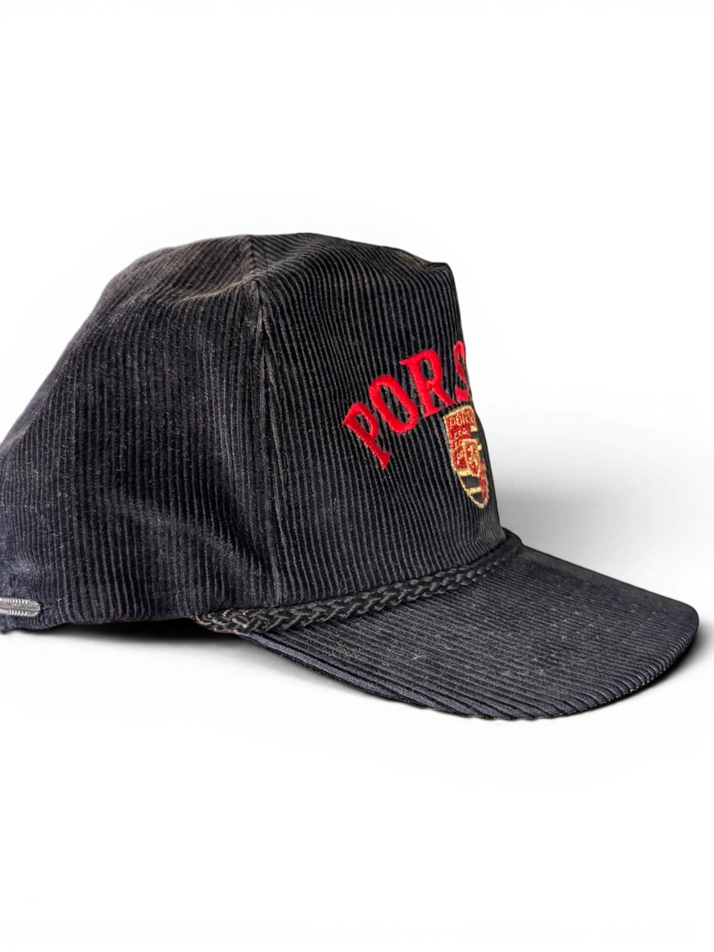 JAKE & IPI vintage black corduroy baseball cap with red Porsche embroidery and braided brim detail