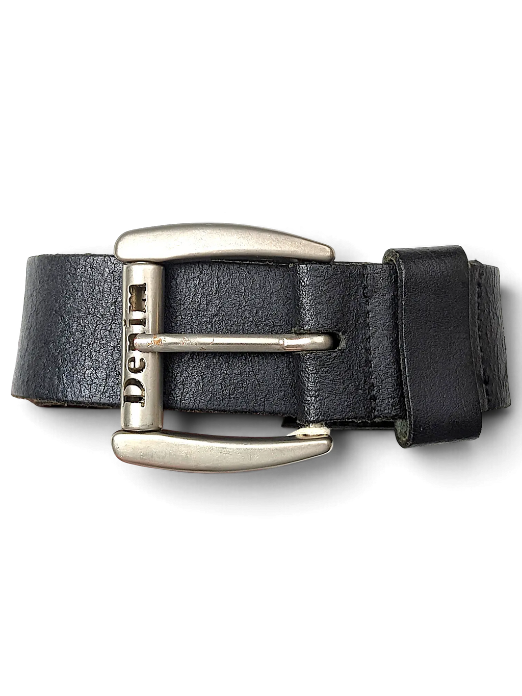 JAKE & IPI black distressed leather belt with a silver metal buckle featuring Denim branding