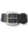JAKE & IPI black distressed leather belt with a silver metal buckle featuring Denim branding