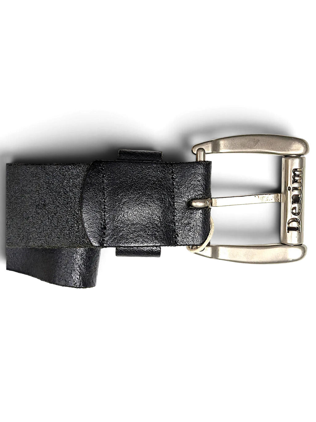 JAKE & IPI black distressed leather belt featuring a silver metal buckle with Denim branding