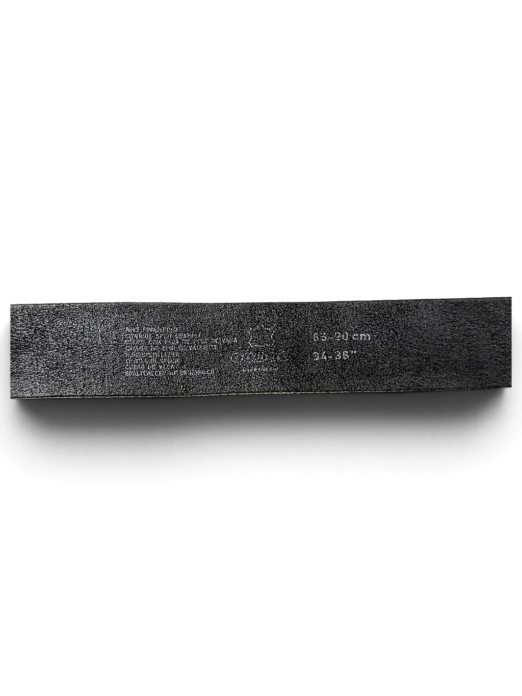 JAKE & IPI black distressed leather belt strap showing size 85-90cm 34-36 inch markings on the inner side