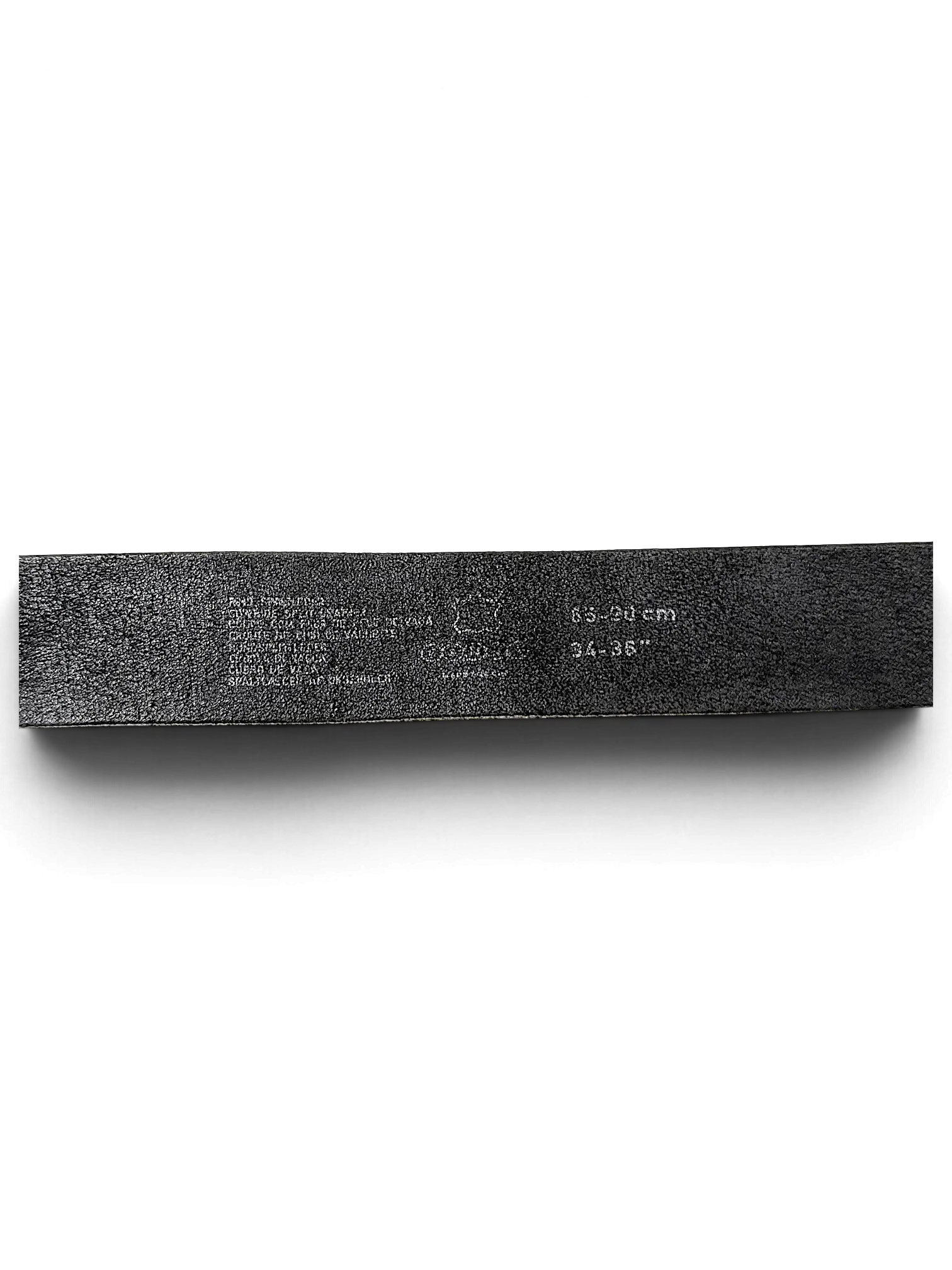 JAKE & IPI black distressed leather belt strap showing size 85-90cm 34-36 inch markings on the inner side