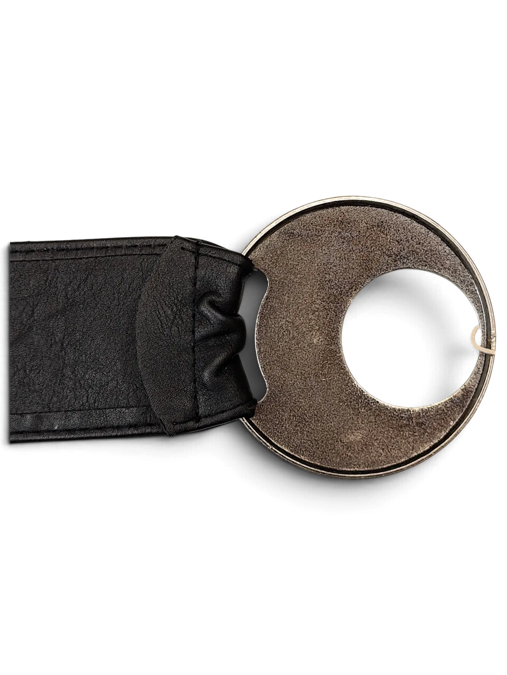 JAKE & IPI black wide faux leather belt featuring a large circular distressed silver metal buckle