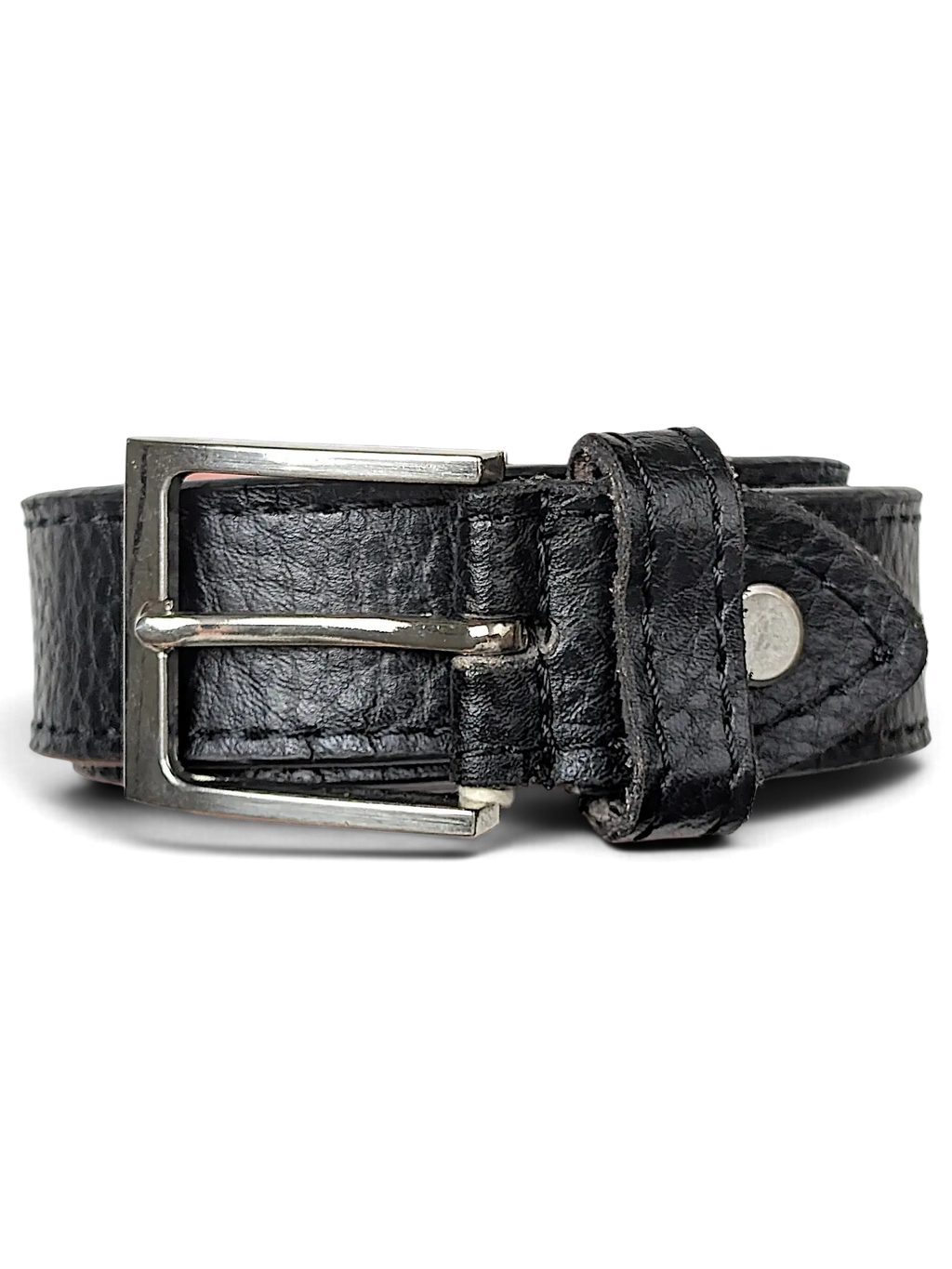 JAKE & IPI black leather belt with a textured finish and a silver-tone metal buckle held in a hand.