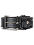 JAKE & IPI black leather belt with a textured finish and a silver-tone metal buckle held in a hand.