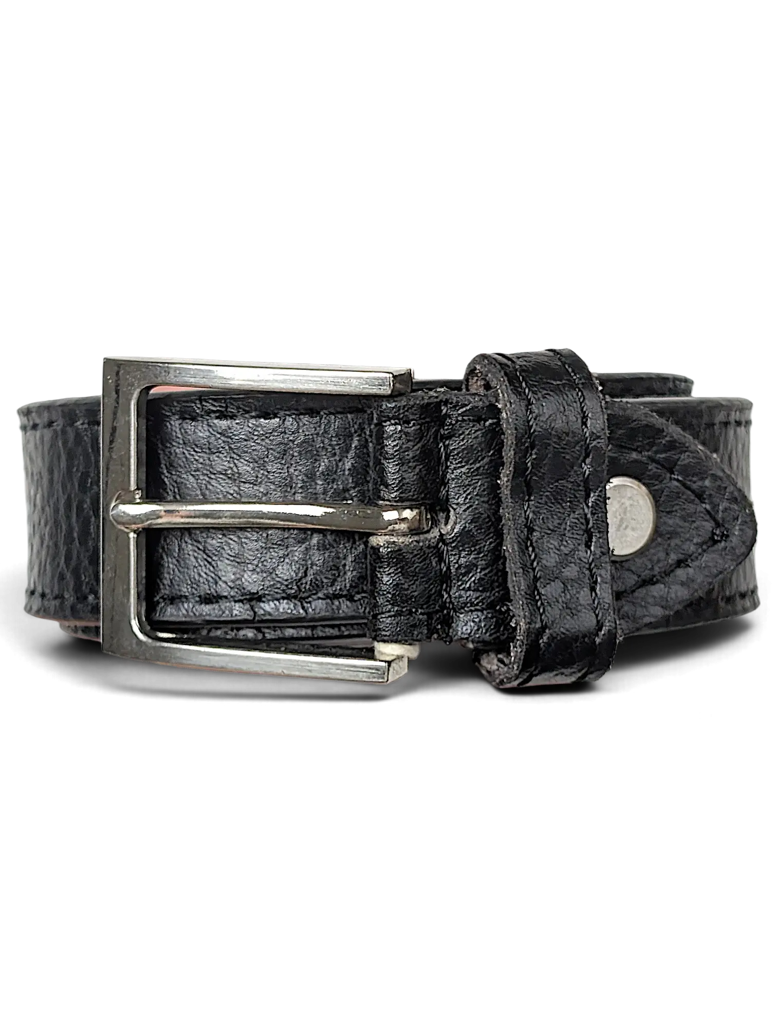 JAKE & IPI black leather belt with a textured finish and a silver-tone metal buckle held in a hand.