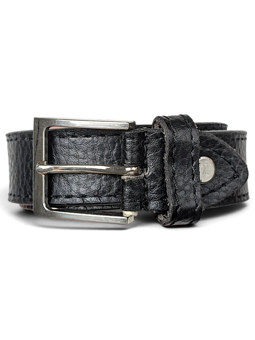 JAKE & IPI black leather belt with a textured finish and a silver-tone metal buckle held in a hand.