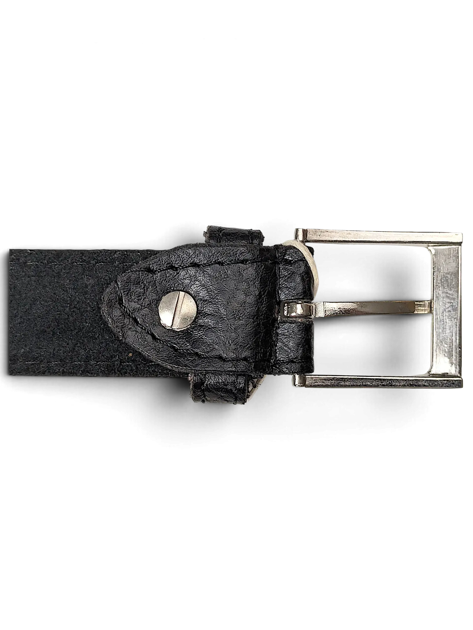 JAKE & IPI black leather belt featuring a silver-tone metal buckle and a textured finish