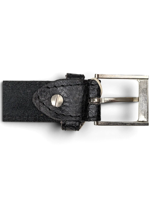 JAKE & IPI black leather belt featuring a silver-tone metal buckle and a textured finish