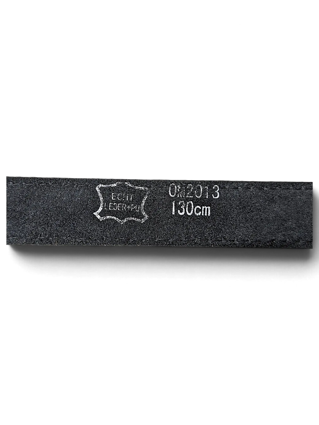 JAKE & IPI black leather belt showing the inner side with size 130cm and material stamp