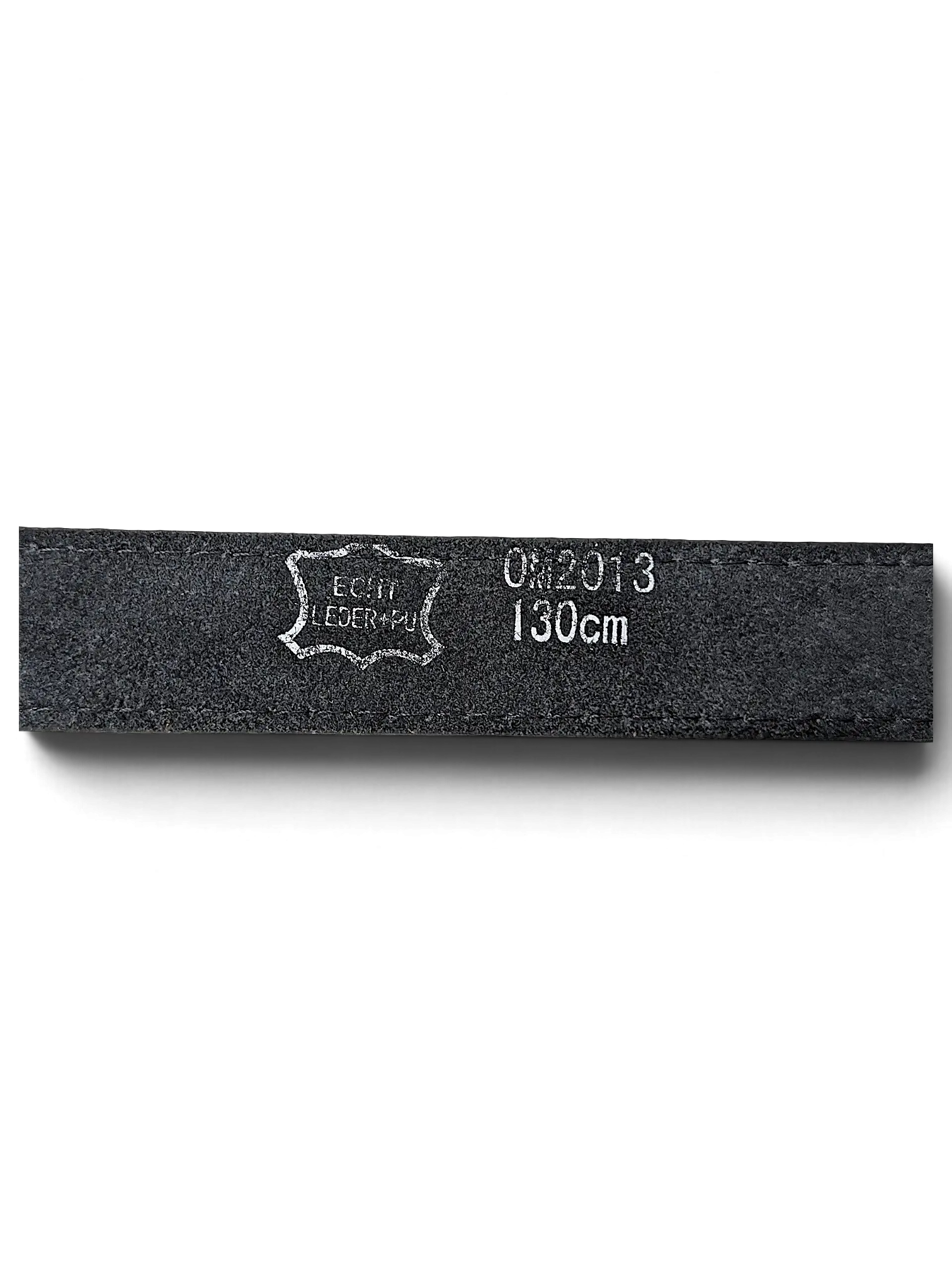 JAKE & IPI black leather belt showing the inner side with size 130cm and material stamp
