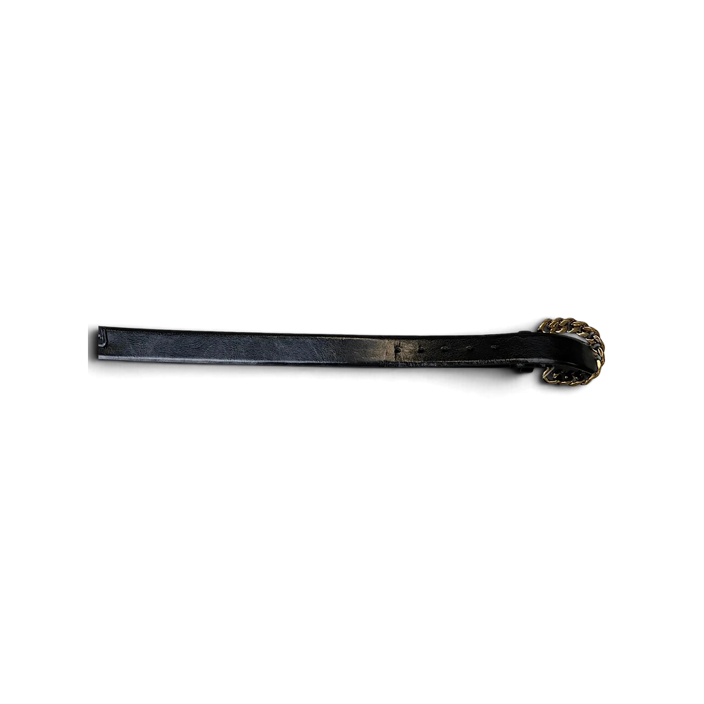 JAKE & IPI black faux leather Y2K style belt featuring a chunky gold-tone chain link buckle