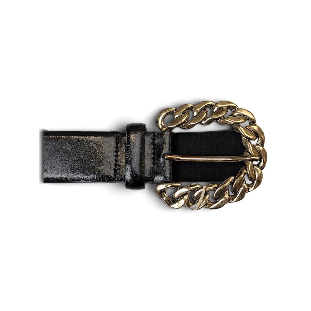 JAKE & IPI black faux leather belt featuring a chunky gold-tone chain link buckle in a Y2K style