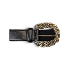 JAKE & IPI black faux leather belt featuring a chunky gold-tone chain link buckle in a Y2K style
