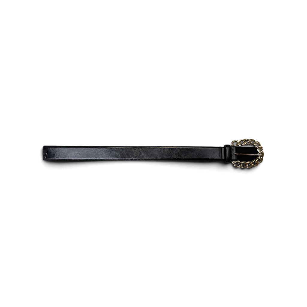 JAKE & IPI MNG Y2K faux leather belt in black with a chunky gold-tone chain link buckle detail