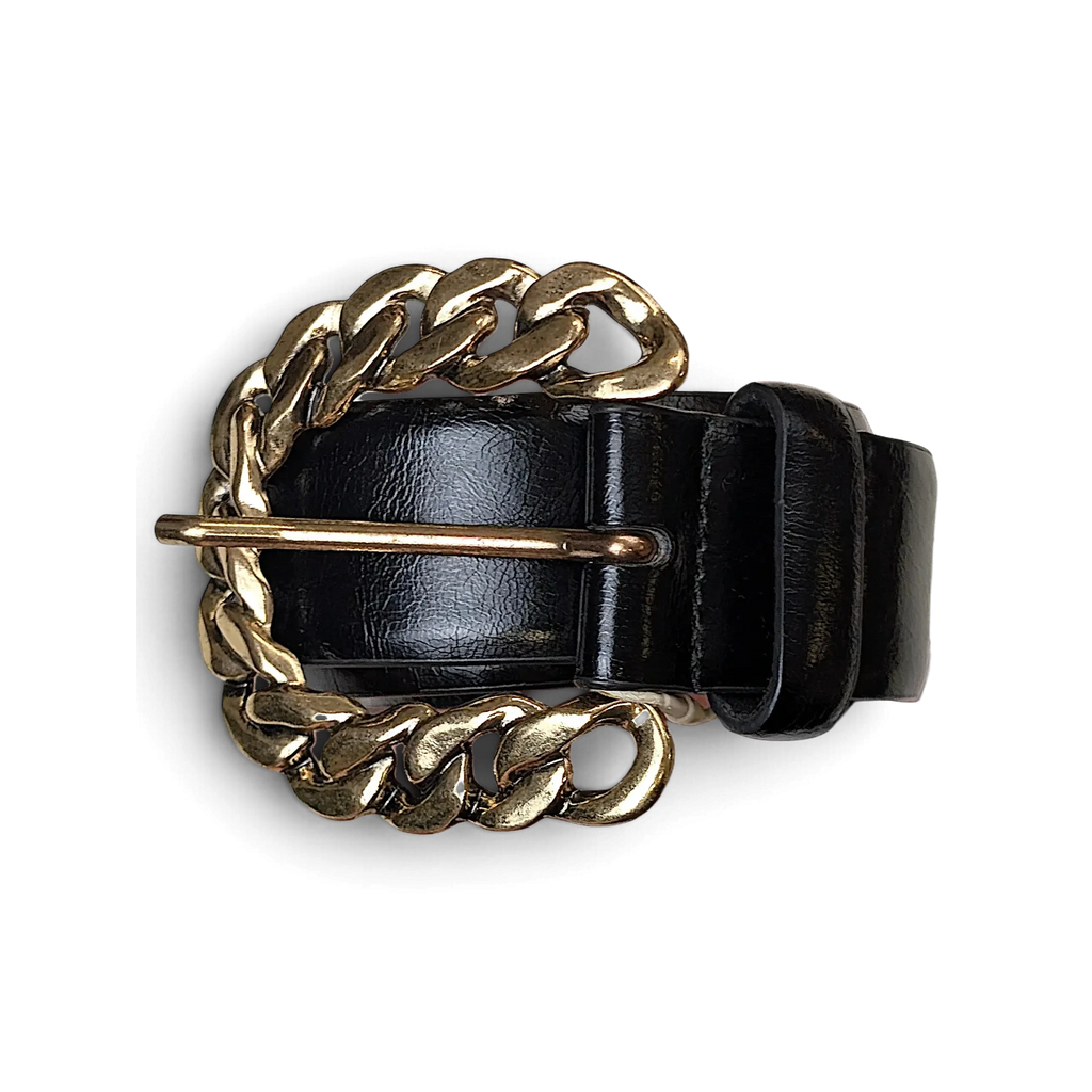 JAKE & IPI black faux leather belt featuring a chunky gold-tone chain link buckle in a Y2K style.