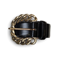 JAKE & IPI black faux leather belt featuring a chunky gold-tone chain link buckle in a Y2K style.