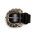 JAKE & IPI black faux leather belt featuring a chunky gold-tone chain link buckle in a Y2K style.