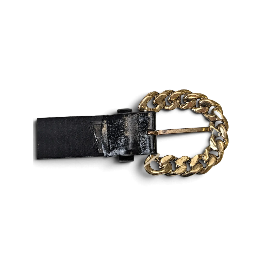 JAKE & IPI black faux leather belt featuring a chunky gold-tone chain link buckle in a Y2K inspired style.