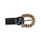 JAKE & IPI black faux leather belt featuring a chunky gold-tone chain link buckle in a Y2K inspired style.