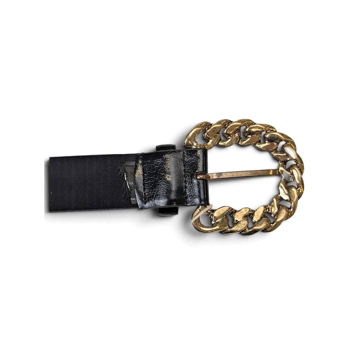 JAKE & IPI black faux leather belt featuring a chunky gold-tone chain link buckle in a Y2K inspired style.