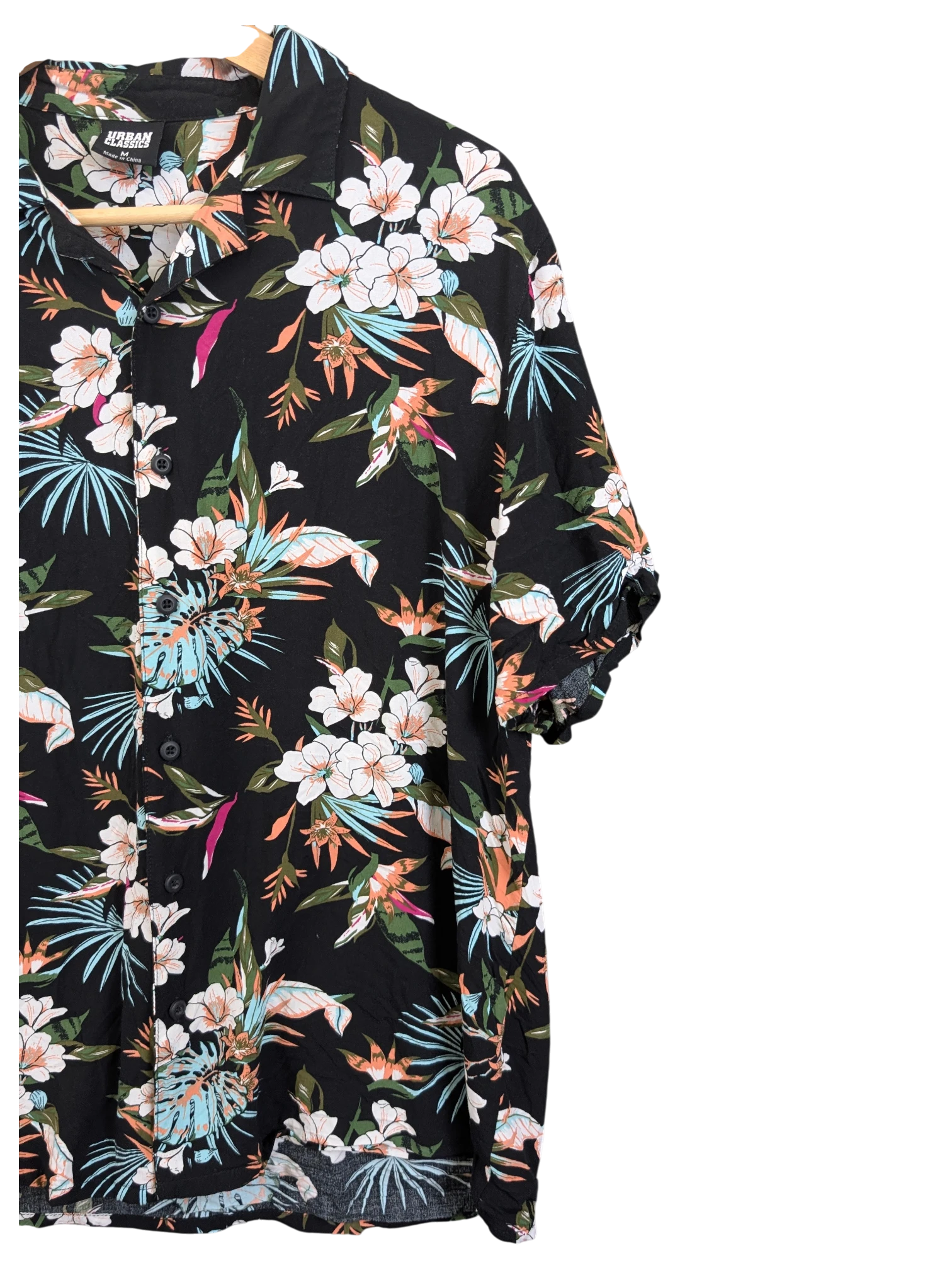JAKE & IPI Urban Classics black Hawaiian shirt with white and teal tropical floral print and short sleeves