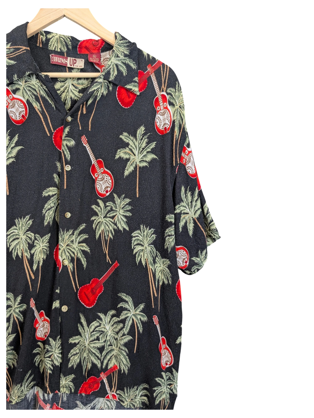 JAKE & IPI Thums UP black Hawaiian shirt featuring red guitars and palm tree print with a classic collar.