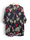 JAKE & IPI black Hawaiian shirt featuring a tropical palm tree and red guitar print with a classic collar