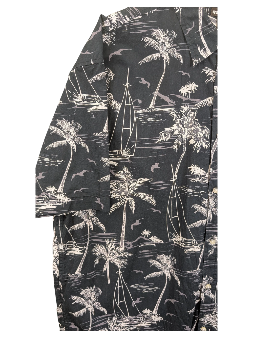 JAKE & IPI Atlas For Men Hawaiian shirt in black with a white tropical sailboat and palm tree print