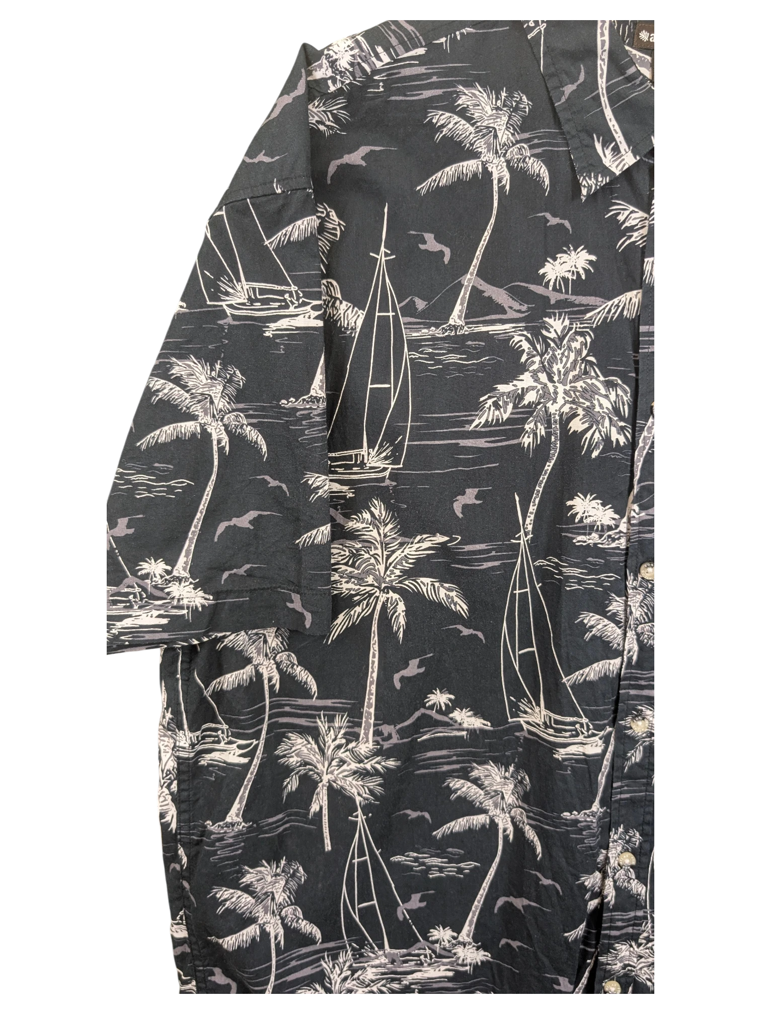 JAKE & IPI Atlas For Men Hawaiian shirt in black with a white tropical sailboat and palm tree print