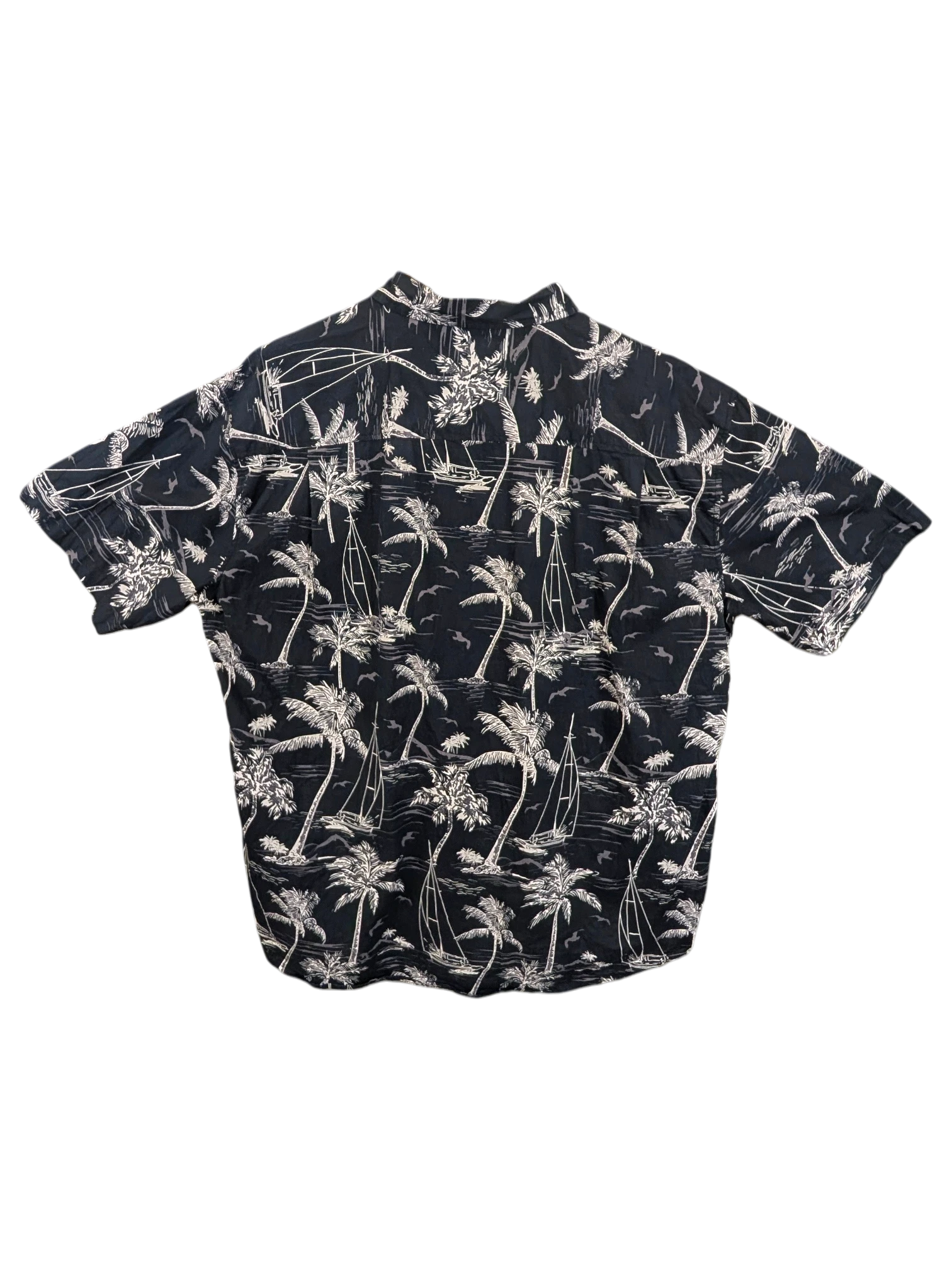 JAKE & IPI black short-sleeve Hawaiian shirt with white palm tree and sailboat print on a wooden hanger