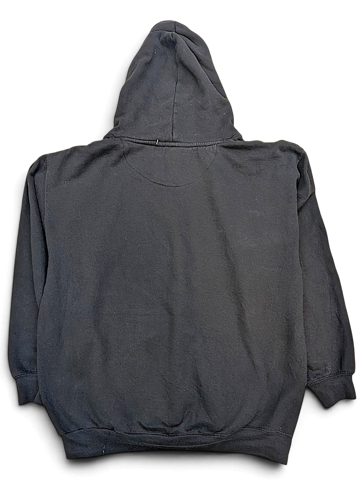 JAKE & IPI black hoodie viewed from the back, featuring a simple pullover design with a hood and long sleeves.